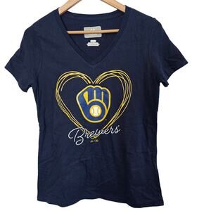 MLB Majestic Milwaukee Brewers Shirt Women Sz Small Blue Baseball Heart Game Day